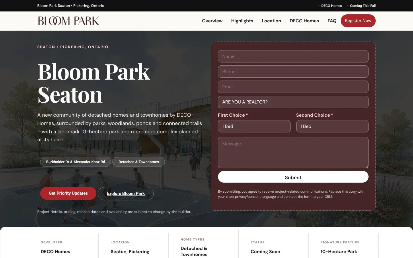 Homepage of the Bloom Park pre-construction website