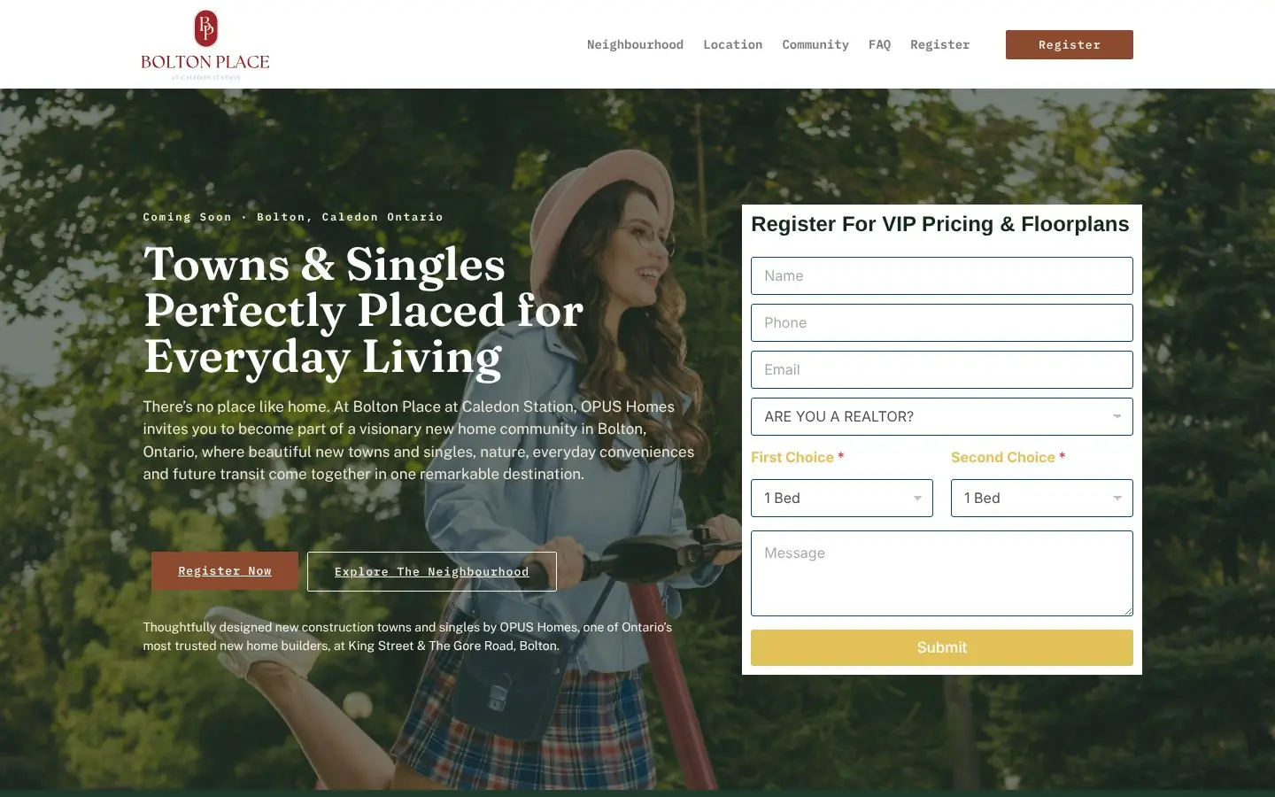 Homepage of the Bolton Place at Caledon Station pre-construction website