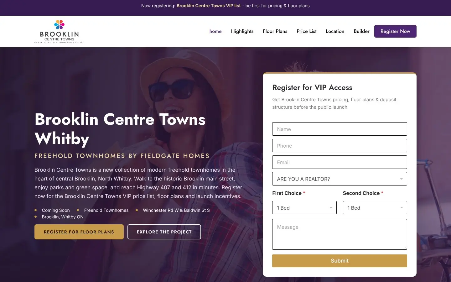 Homepage of the Brooklin Centre Towns pre-construction website