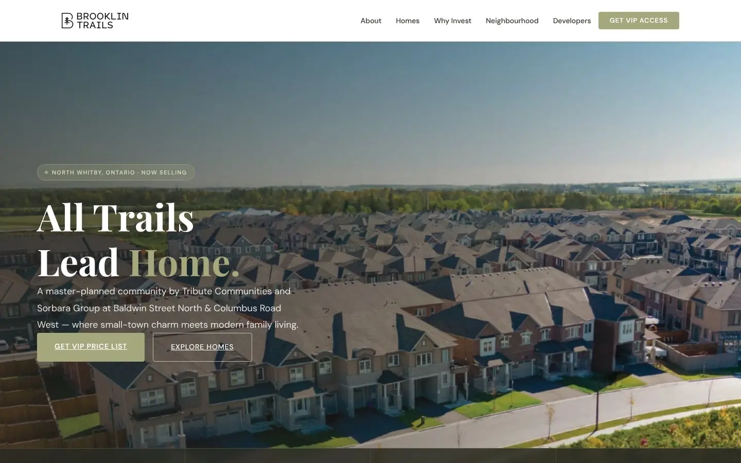 Homepage of the Brooklin Trails pre-construction website