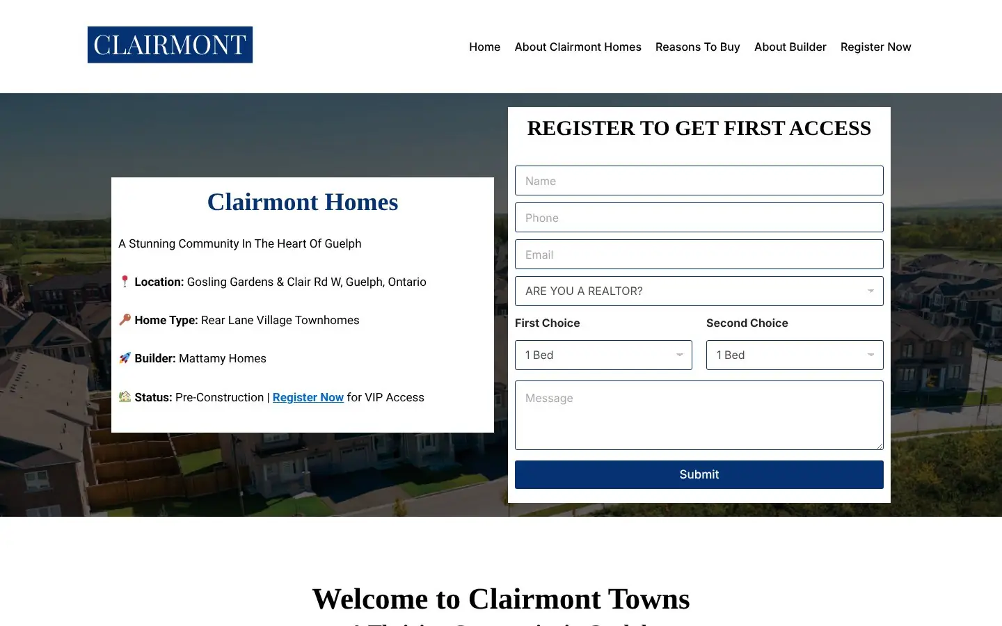 Homepage of the Clairmont Townhomes pre-construction website