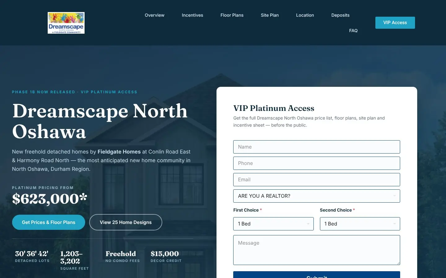 Homepage of the Dreamscape North Oshawa pre-construction website