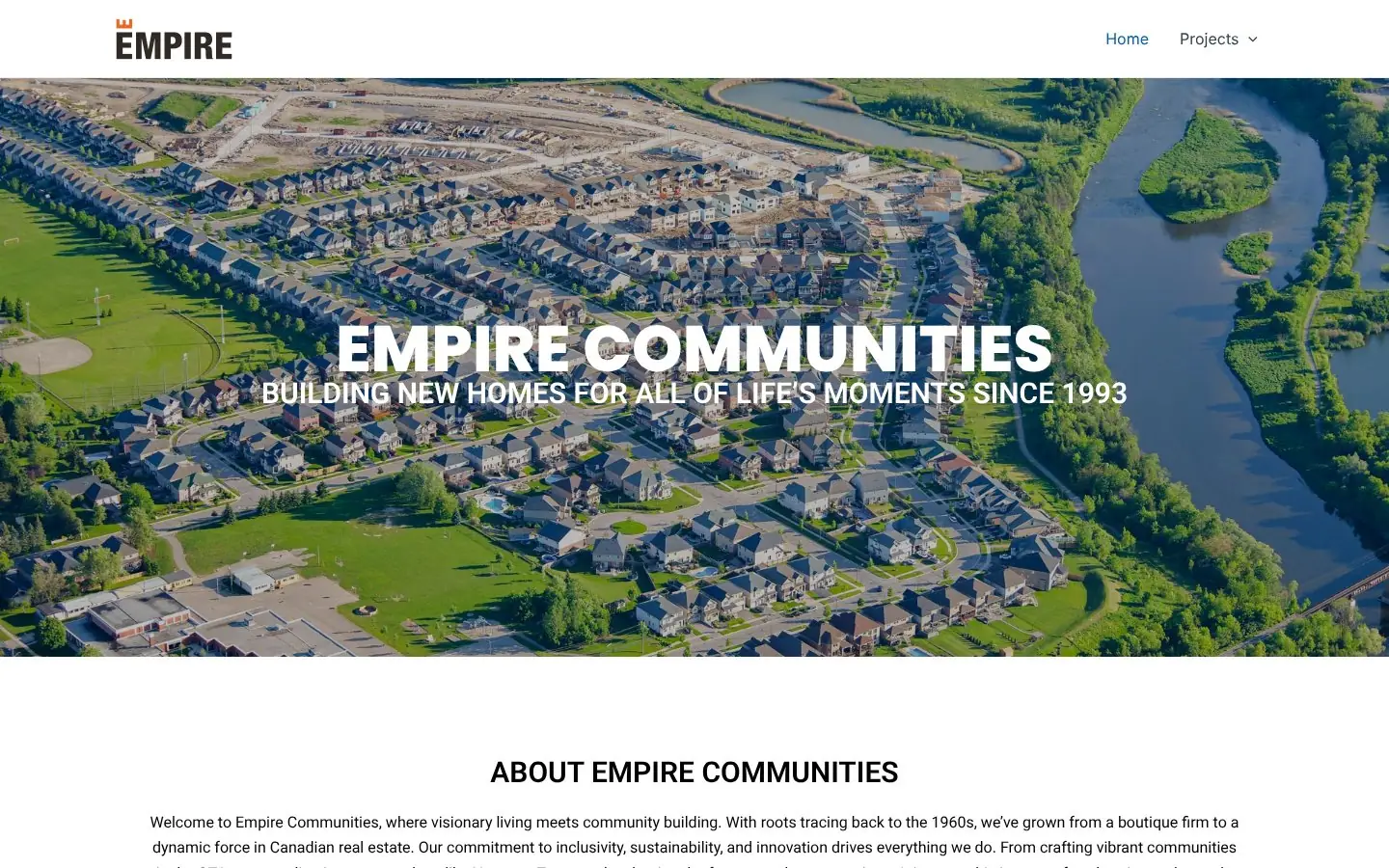 Homepage of the Empire Communities pre-construction website