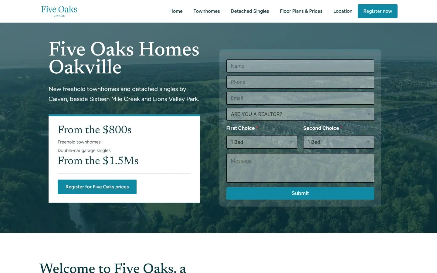 Homepage of the Five Oaks Oakville pre-construction website