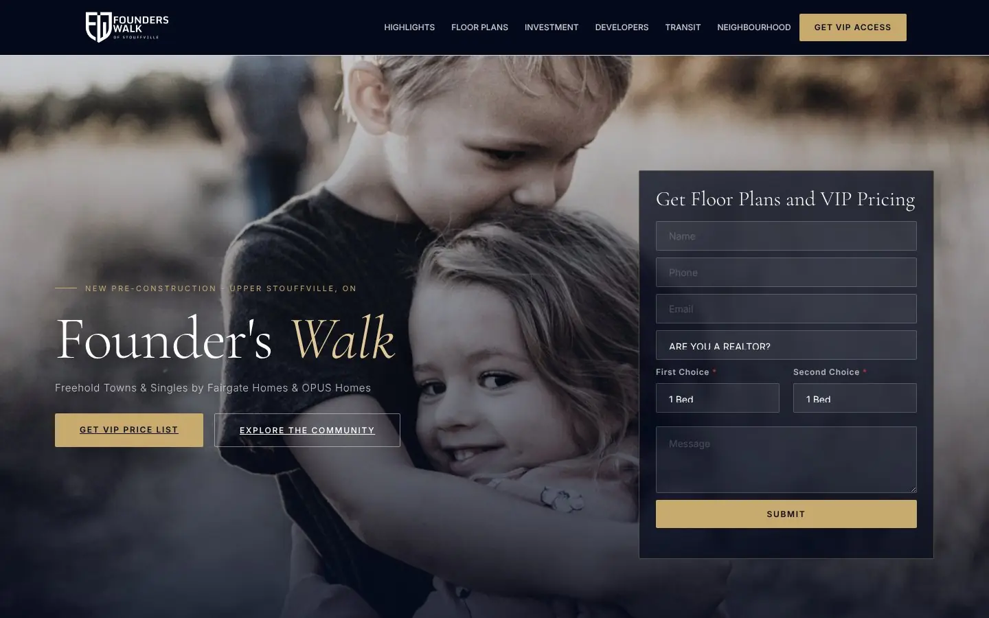 Homepage of the Founders Walk pre-construction website