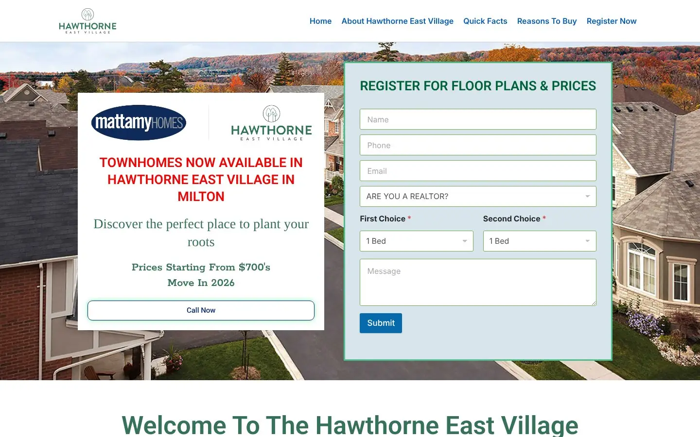 Homepage of the Hawthorne East Village pre-construction website