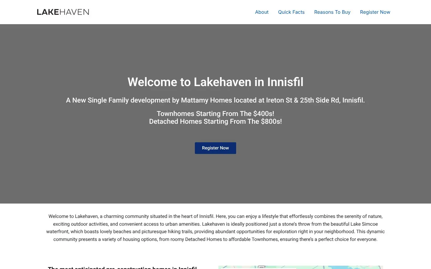 Homepage of the Lakehaven pre-construction website