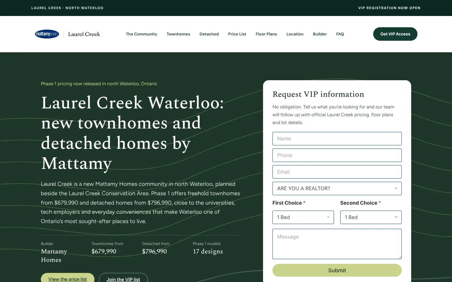 Homepage of the Laurel Creek Waterloo pre-construction website