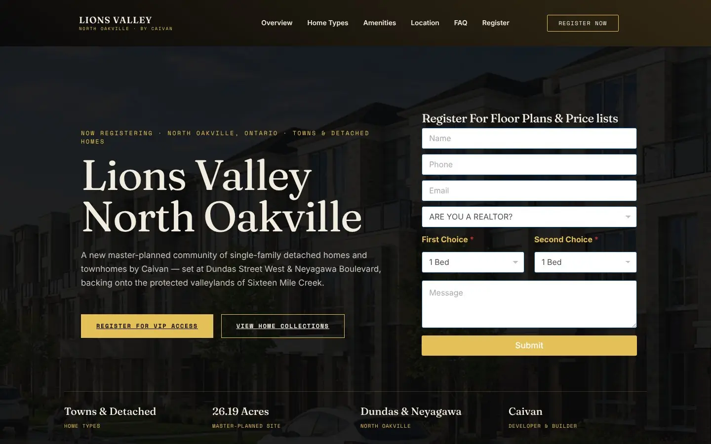 Homepage of the Lions Valley pre-construction website