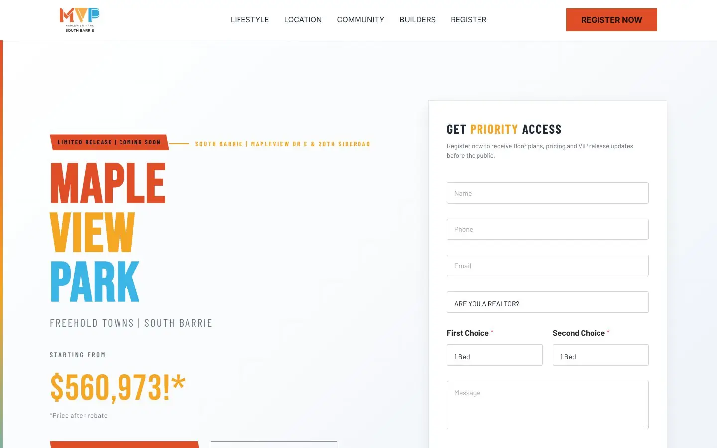 Homepage of the Mapleview Park (MVP) pre-construction website