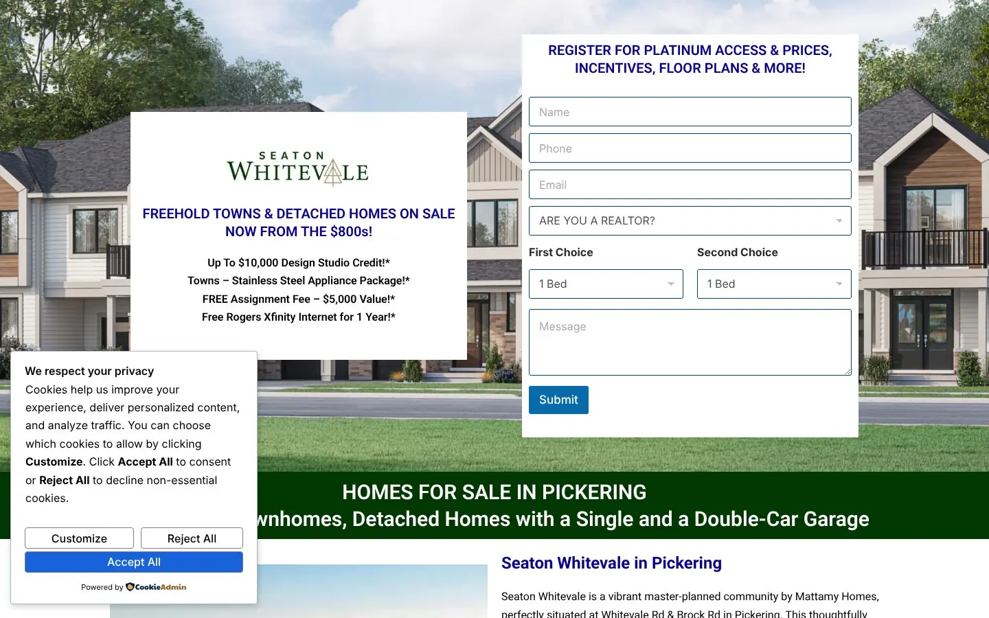 Homepage of the Seaton Whitevale pre-construction website