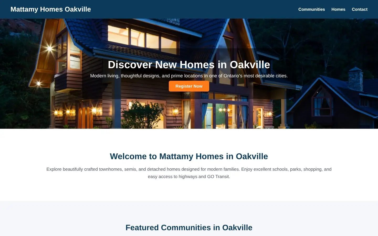 Homepage of the Mattamy Homes Oakville pre-construction website