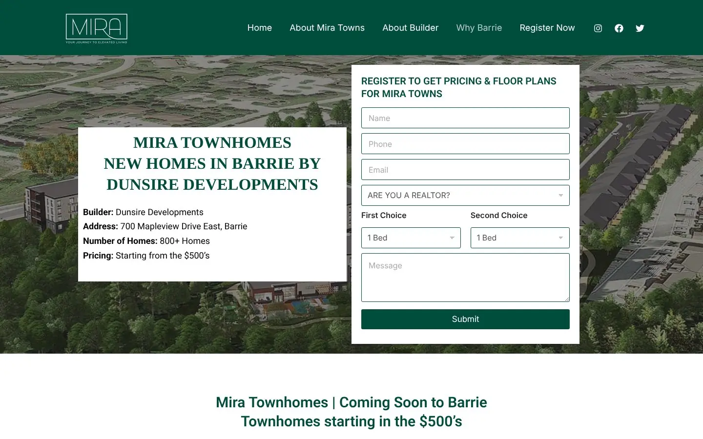 Homepage of the Mira Towns pre-construction website