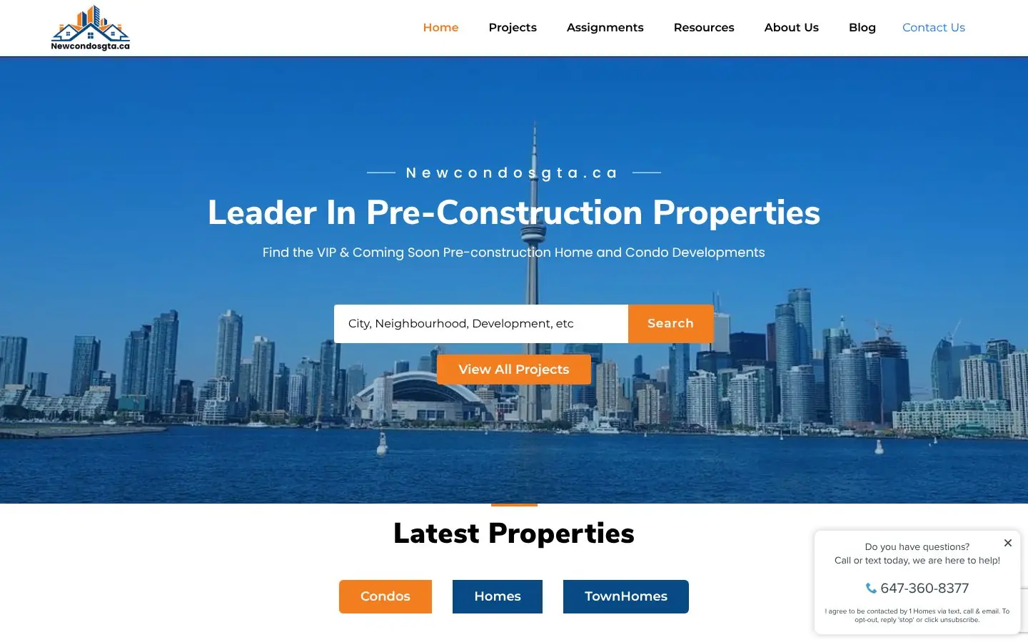 Homepage of the New Condos GTA website
