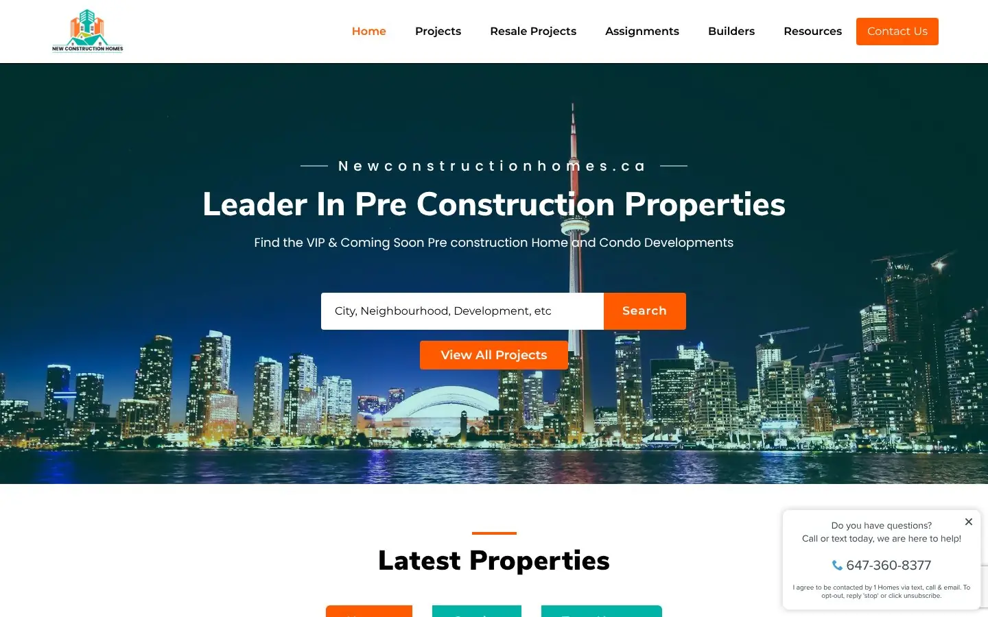 Homepage of the New Construction Homes website