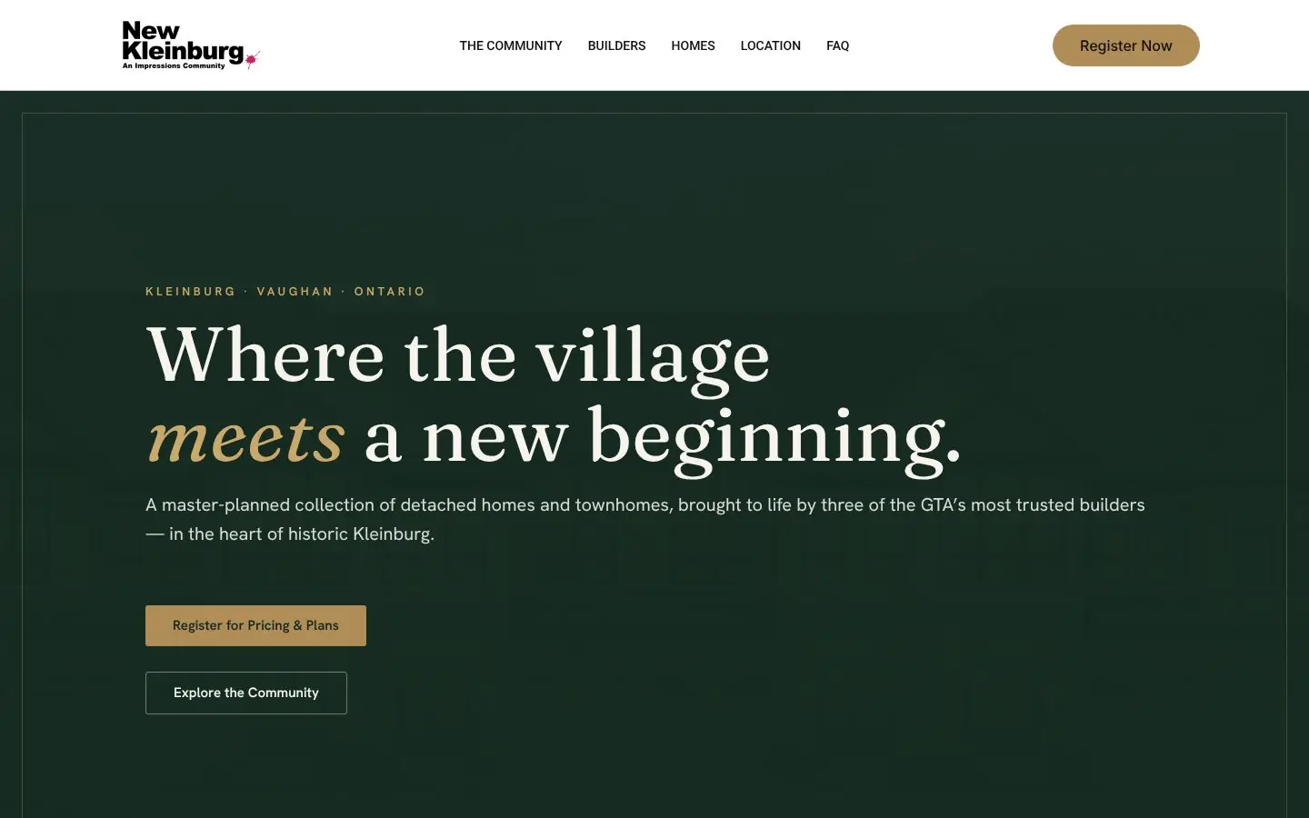 Homepage of the New Kleinburg pre-construction website