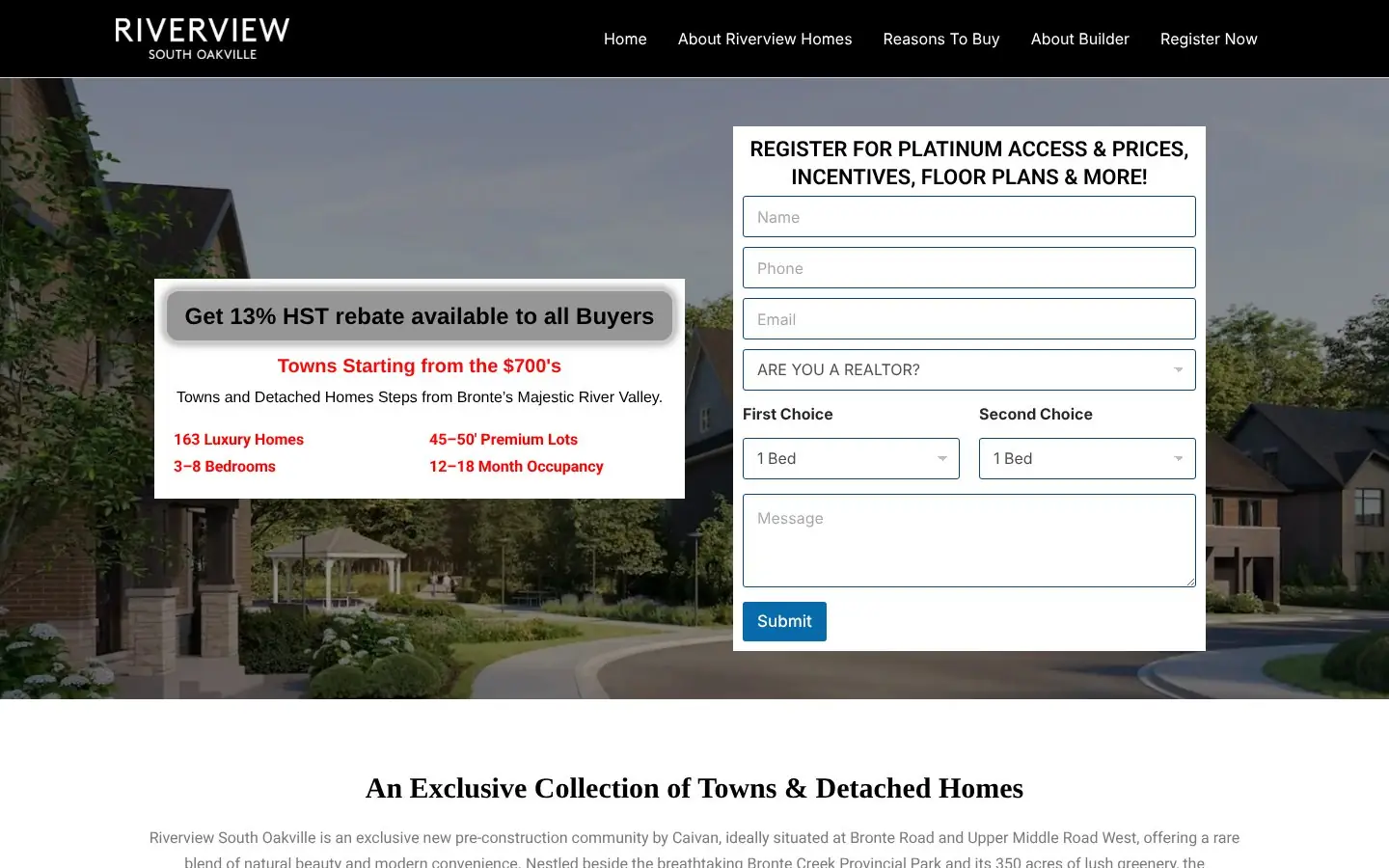 Homepage of the Riverview South Oakville pre-construction website