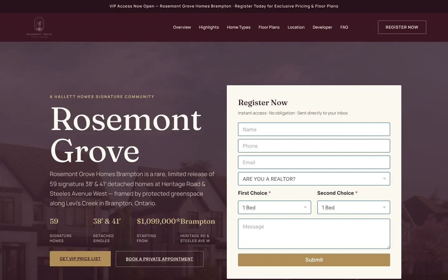Homepage of the Rosemont Grove pre-construction website