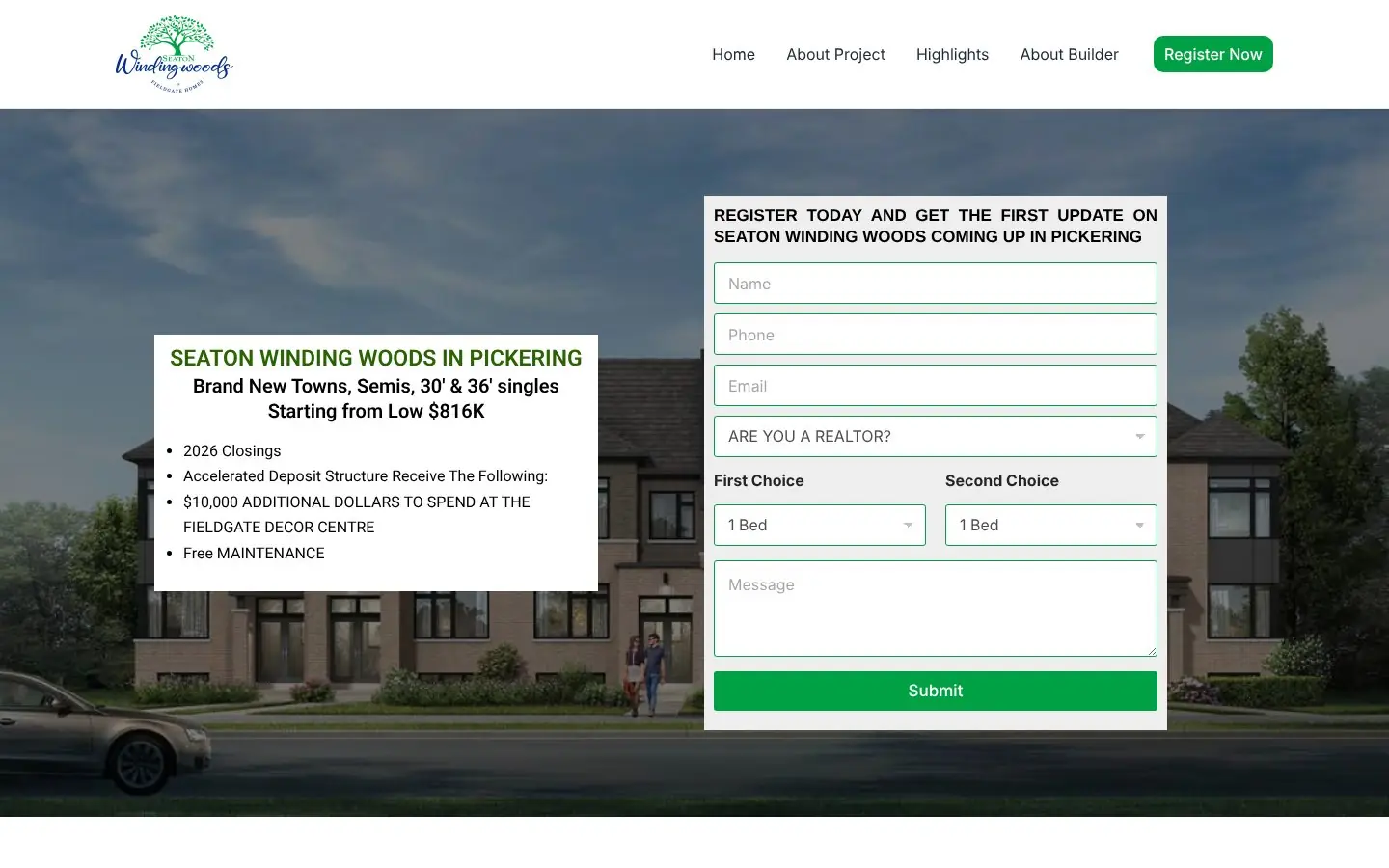 Homepage of the Seaton Winding Woods pre-construction website