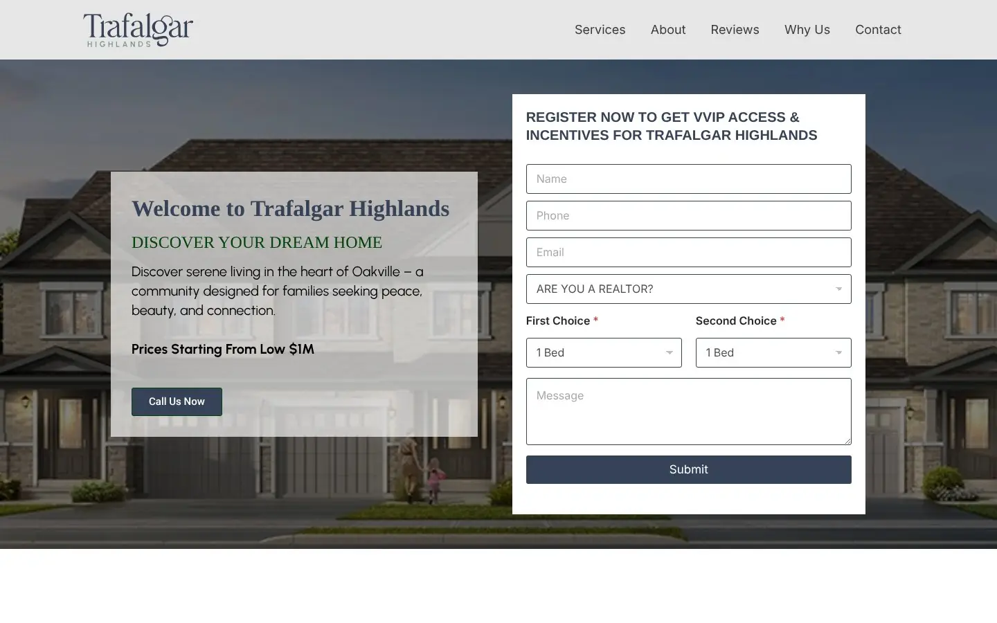 Homepage of the Trafalgar Highlands pre-construction website