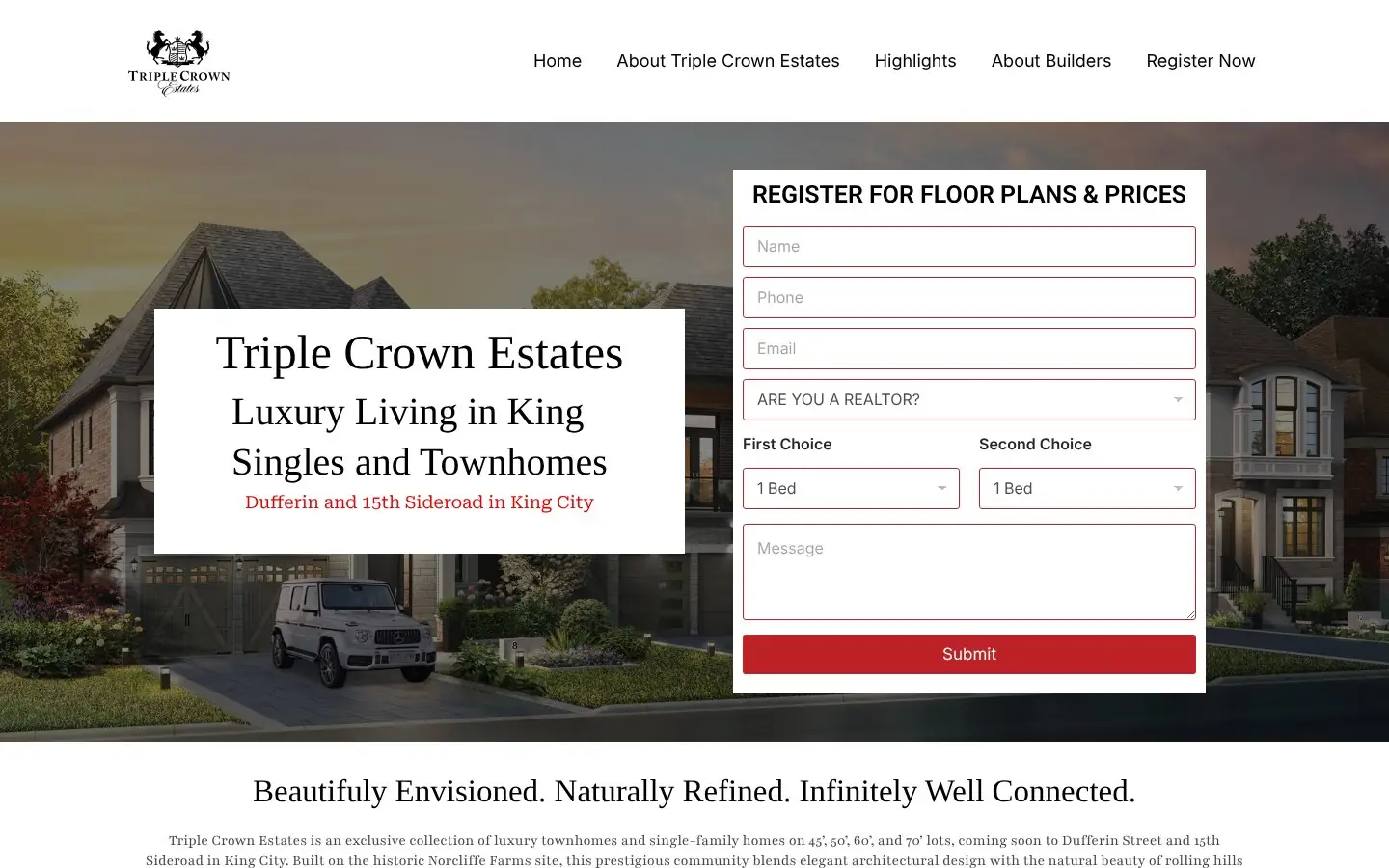 Homepage of the Triple Crown Estates pre-construction website