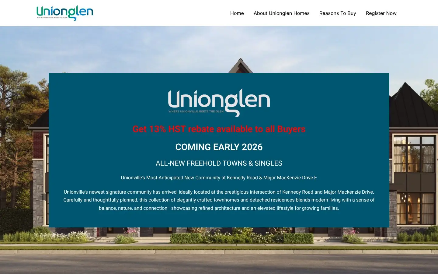 Homepage of the Union Glen pre-construction website