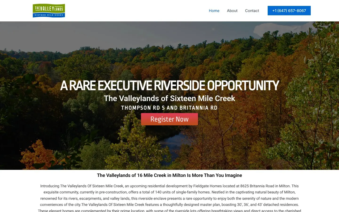 Homepage of the The Valleylands of Sixteen Mile Creek pre-construction website