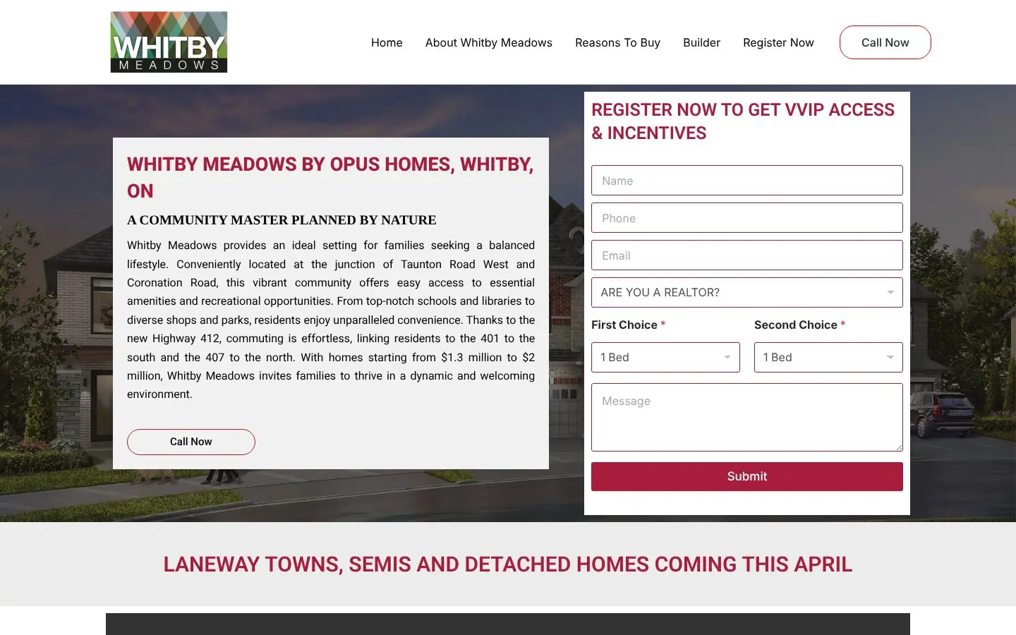 Homepage of the Whitby Meadows pre-construction website