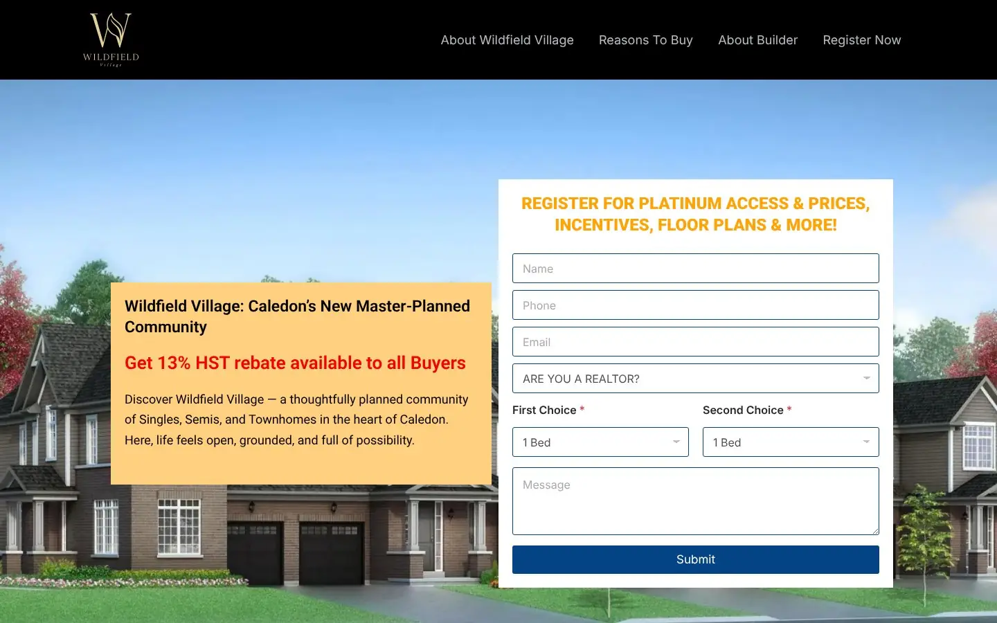 Homepage of the Wildfield Village pre-construction website