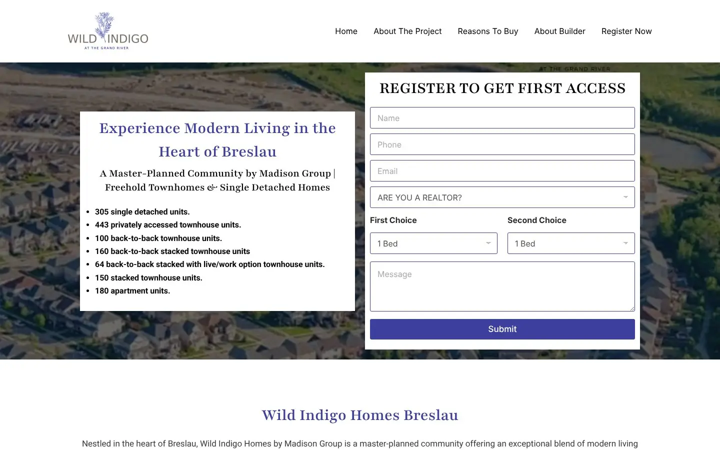 Homepage of the Wild Indigo pre-construction website