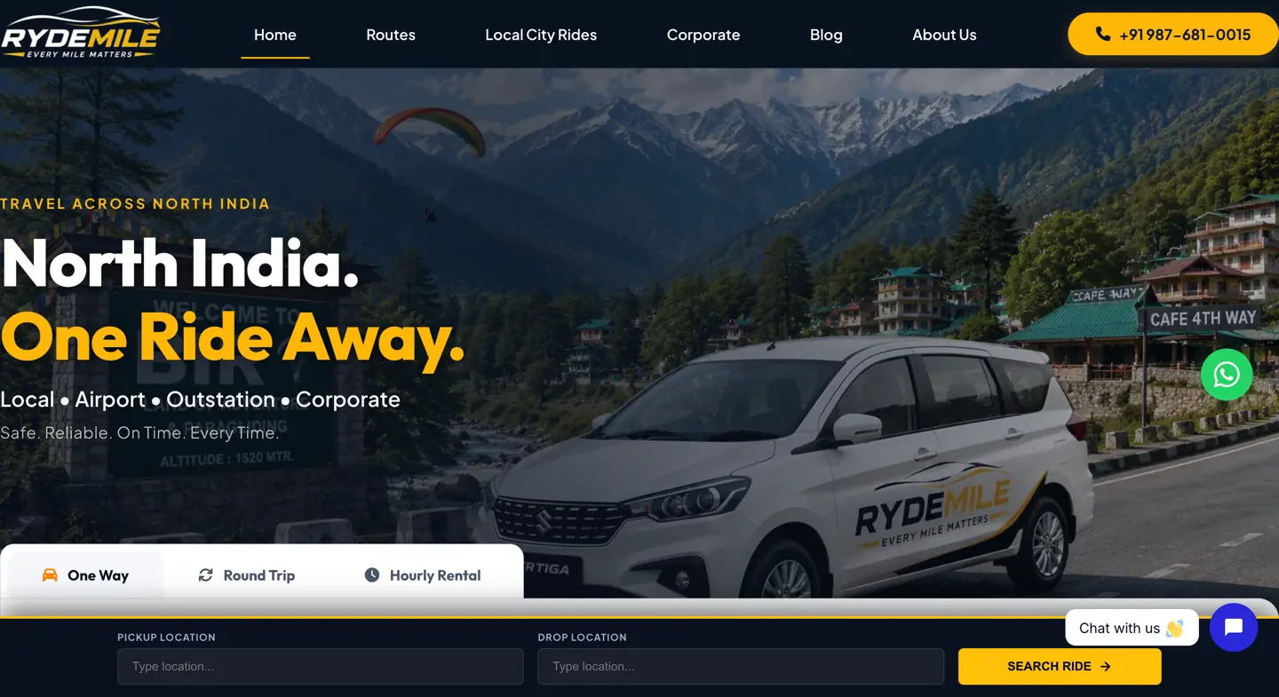 Homepage of the Rydemile taxi booking website