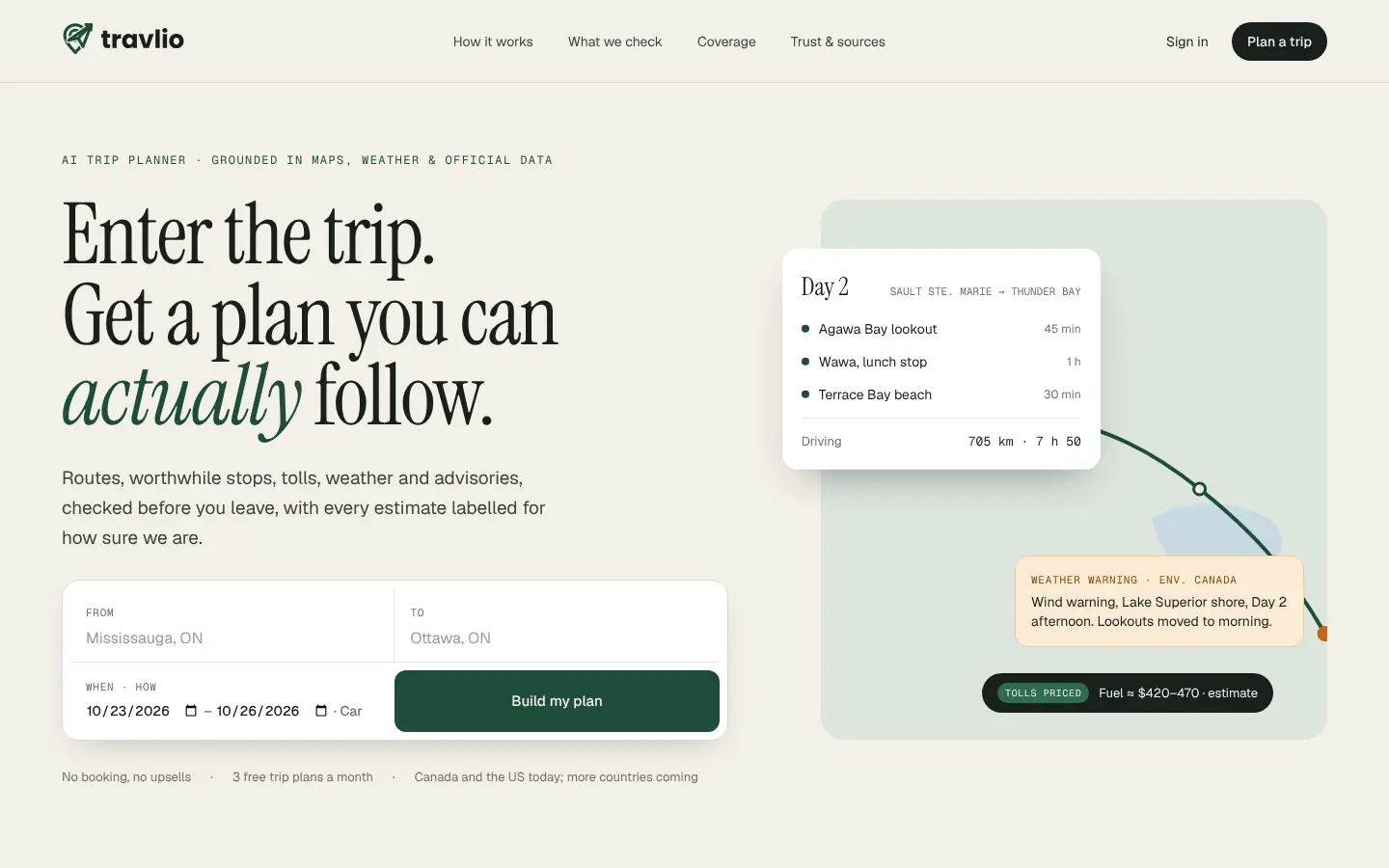 Homepage of the Travlio website